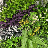 Artificial green wall 1m2 panel with mixed green, white and purple plants