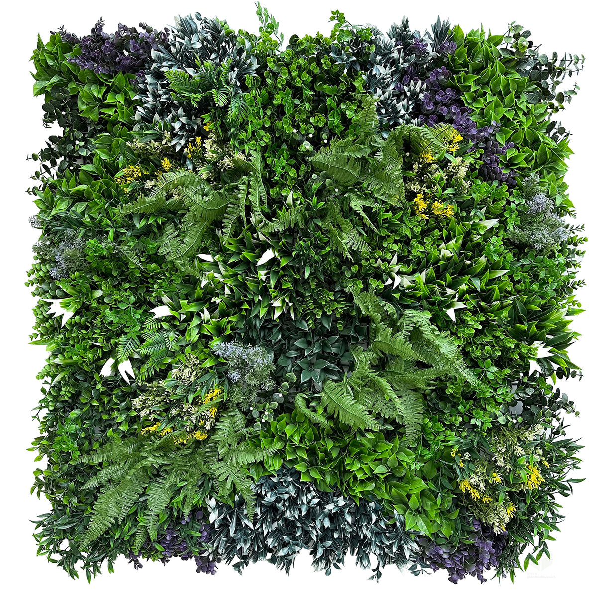 Artificial green wall 1m2 panel with mixed green, white and purple plants