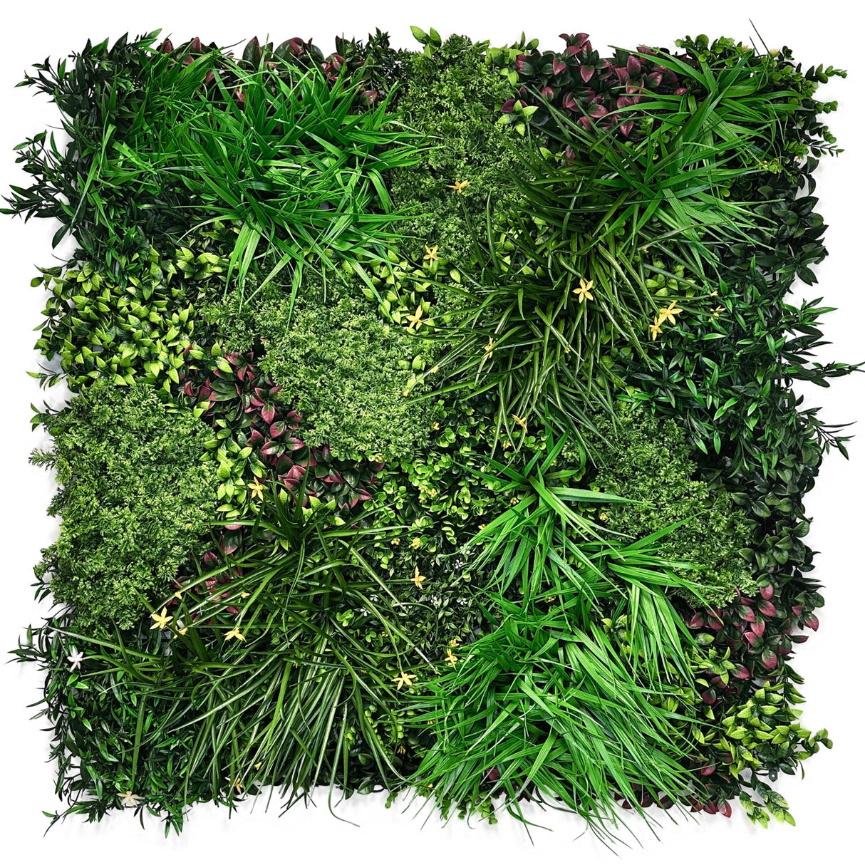 FR Artificial green wall panel with mixed green foliage and white & yellow flowers  100x100 cm