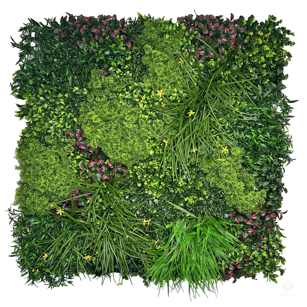 FR Artificial green wall panel with mixed green foliage and white & yellow flowers  100x100 cm