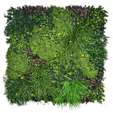 FR Artificial green wall panel with mixed green foliage and white & yellow flowers  100x100 cm