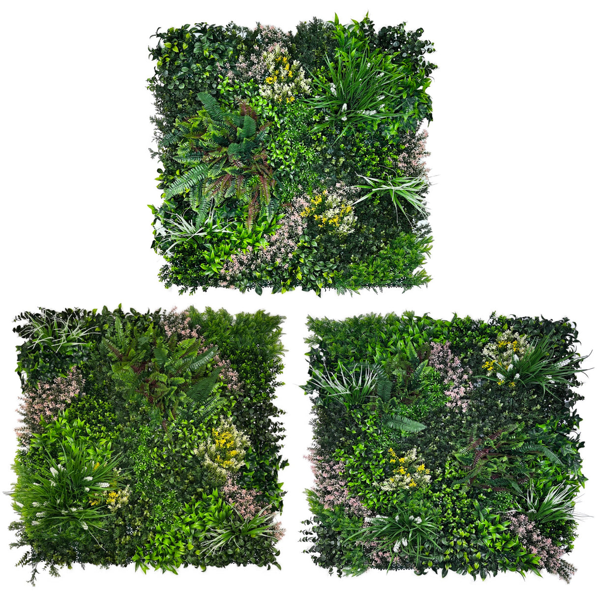 Combo of 3 x 1m2 artificial green wall panels with mixed green pink white yellow foliage