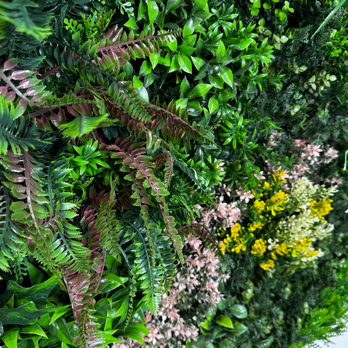 Combo of 3 x 1m2 artificial green wall panels with mixed green pink white yellow foliage