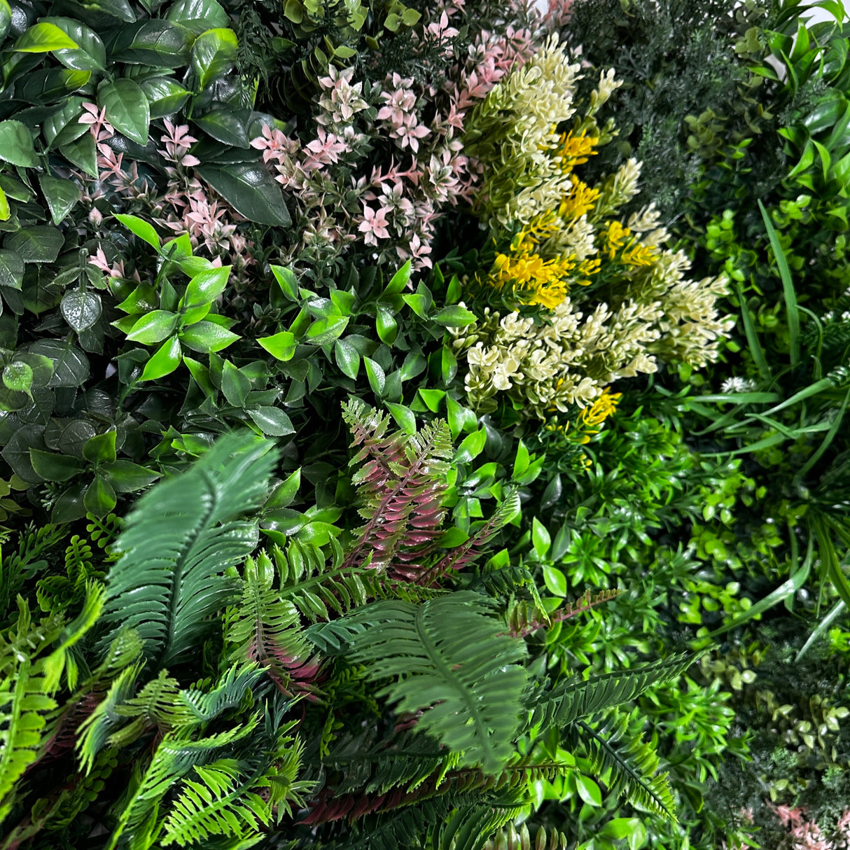 Combo of 3 x 1m2 artificial green wall panels with mixed green pink white yellow foliage