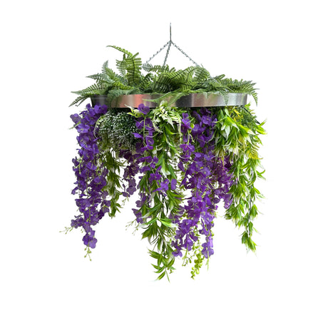 HH60PU Hanging hoop with a mixture of artificial green plants with purple trailing flowers 60cm diameter