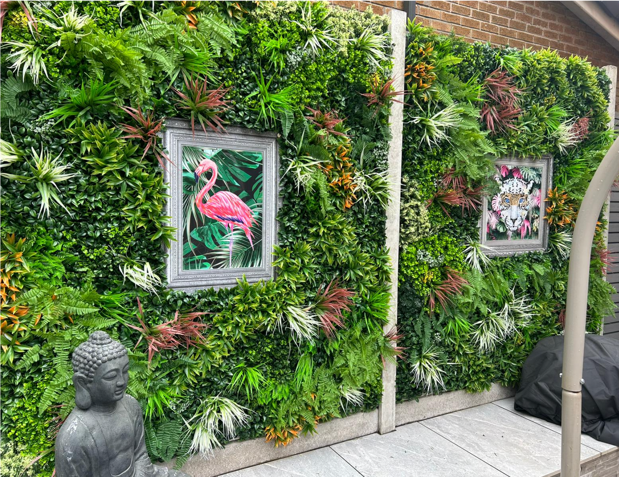 Artificial green wall panel with mixed green orange red and white foliage, white and yellow flowers 100x100 cm