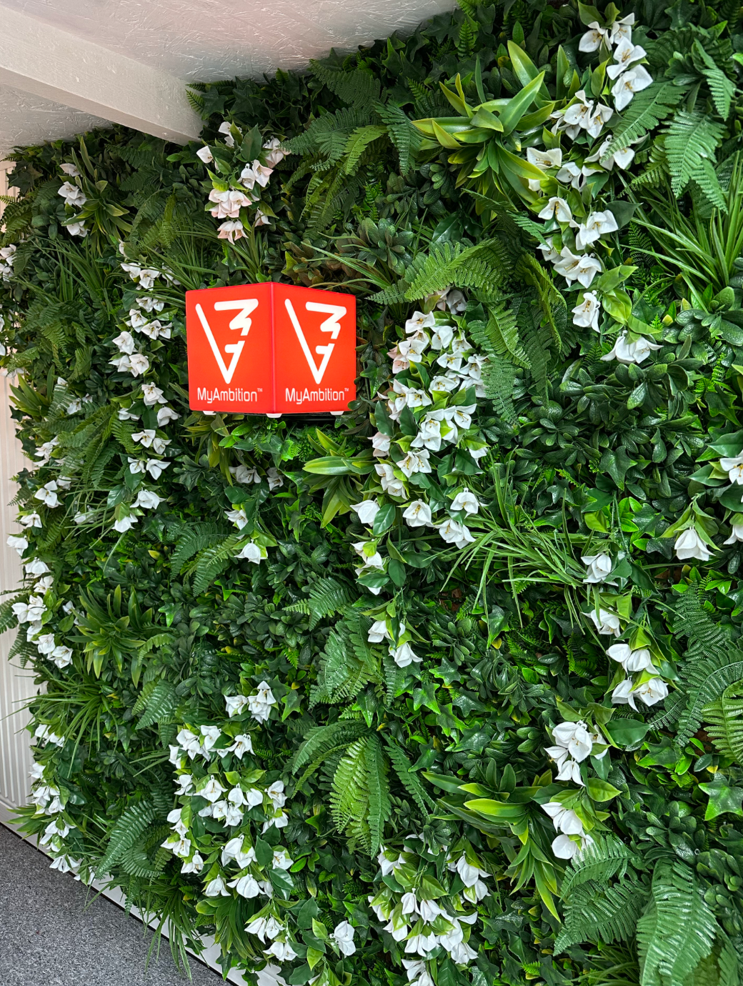 Artificial green wall panel with variegated foliage and white trailing bougainvillea 100x100 cm