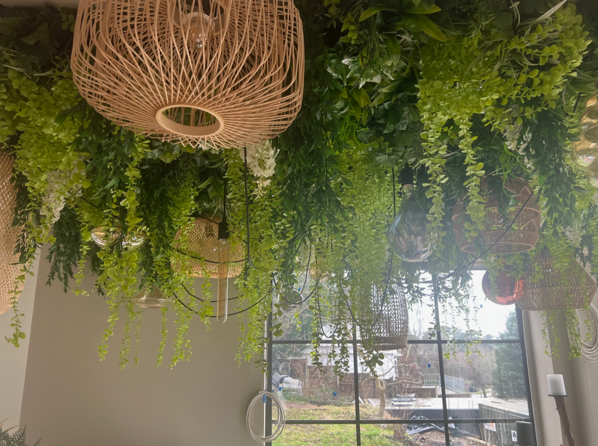 Artificial 3D hanging raft with lush green foliage and trailing white wisteria 100x50cm ceiling or wall