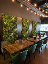 Artificial green wall panel with mixed green orange red and white foliage, white and yellow flowers 100x100 cm