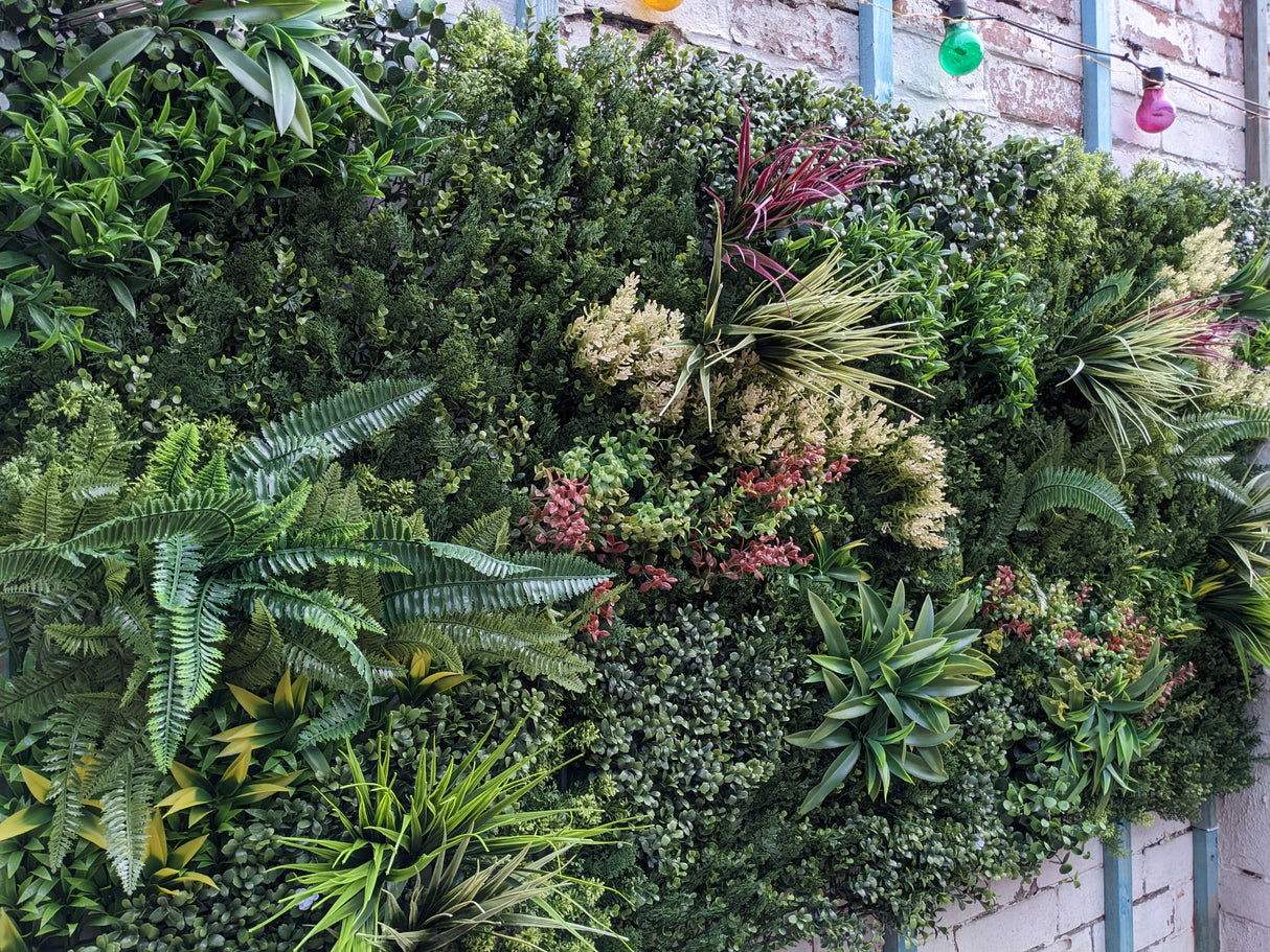 Combo of 3 x Artificial green wall panel with variegated mixed green yellow red orange and white foliage