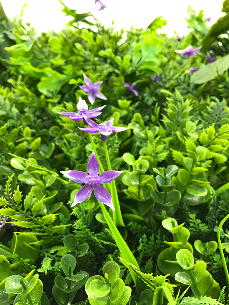 Artificial green wall mixed plant panel with purple flowers 100x100 cm - www.greenplantwalls.co.uk