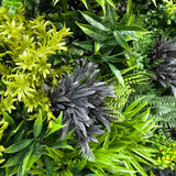 Green wall panel variegated light and dark green foliage  palms heads, green grasses & ferns & purple bushes 100x100 cm