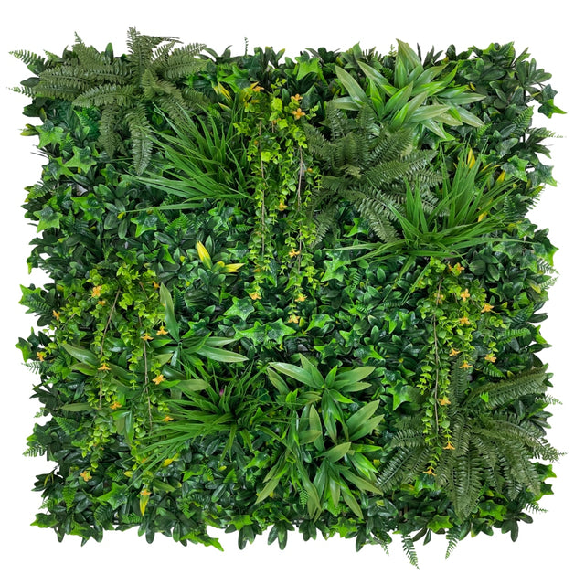 Artificial green wall panel with variegated foliage and trailing yello ...