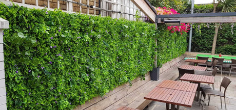 Artificial green wall mixed plant panel with purple flowers 100x100 cm - www.greenplantwalls.co.uk