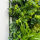 Green wall panel variegated light and dark green foliage  palms heads, green grasses & ferns & purple bushes 100x100 cm