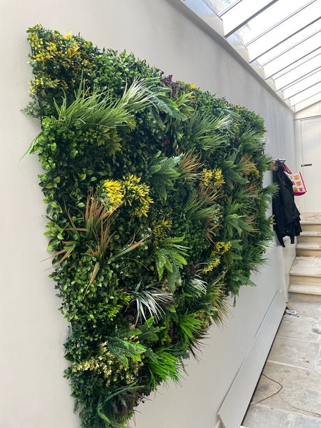 Artificial green wall panel with mixed green & yellow foliage & purple-red leaves 100x100 cm