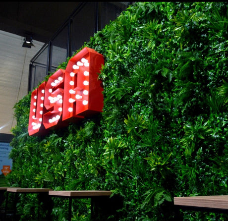 Artificial green wall panel with variegated foliage ivy palms grasses and ferns 100x100 cm - www.greenplantwalls.co.uk