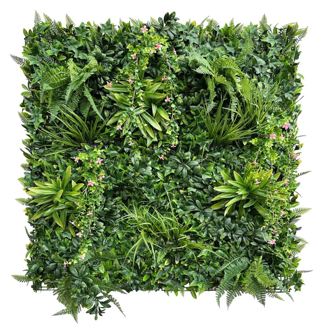 Artificial green wall panel with variegated foliage and trailing pink ...