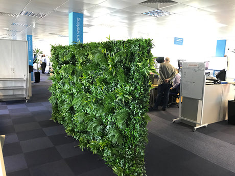 Artificial green wall panel with variegated foliage ivy palms grasses and ferns 100x100 cm - www.greenplantwalls.co.uk