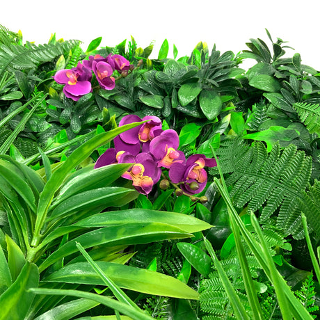 Artificial green wall panel with variegated foliage and purple orchids 100x100 cm - www.greenplantwalls.co.uk