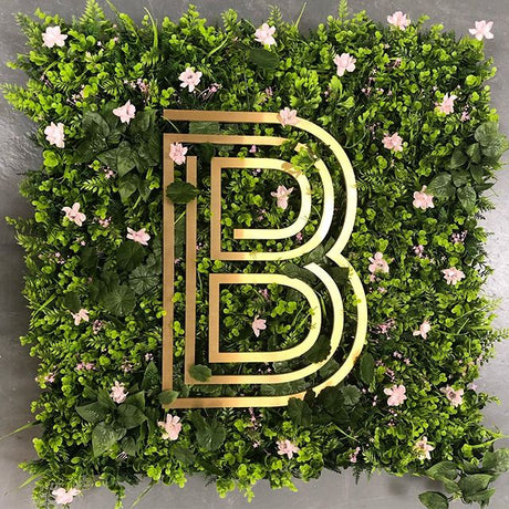 Artificial green wall mixed plant panel with pink flowers 100x100 cm - www.greenplantwalls.co.uk