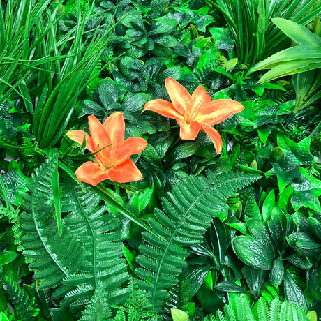 Artificial green wall panel with variegated foliage and orange tiger lillies 100x100 cm - www.greenplantwalls.co.uk